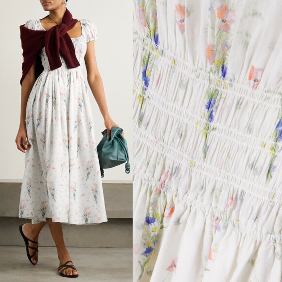 Doen Quinley Midi Dress Painted Bouquet White Floral Puff Sleeve Size XXS - Picture 10 of 10